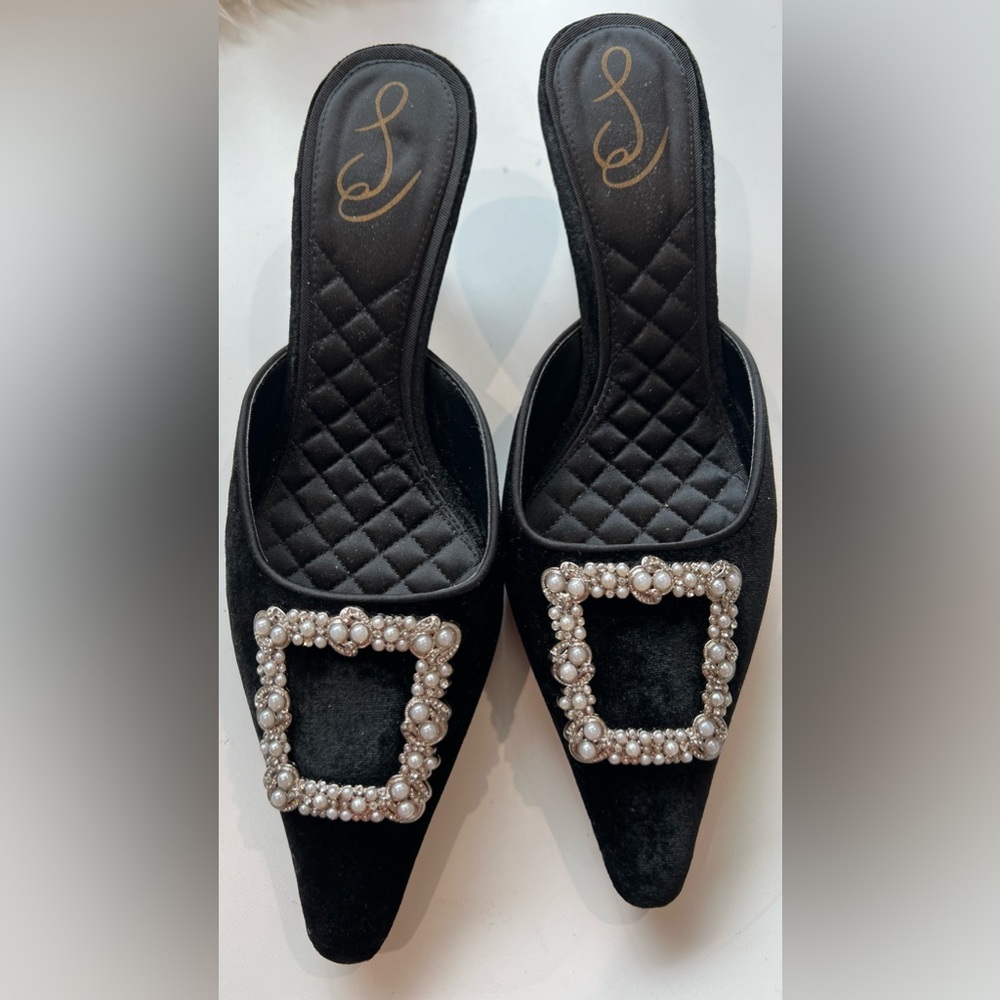 S.E. Black velvet pearls & rhinestone mule with kitty heels